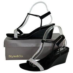 Style & Co. Mulan2 Black Rhinestone T-Strap Womens Wedge Sandals Size 9M
